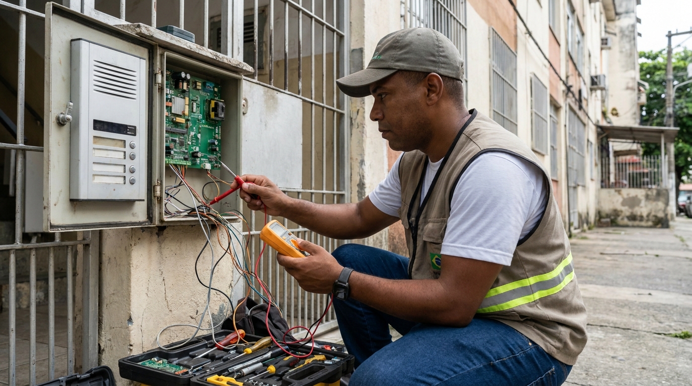 Eletricista consertando interfone em Salvador‑BA