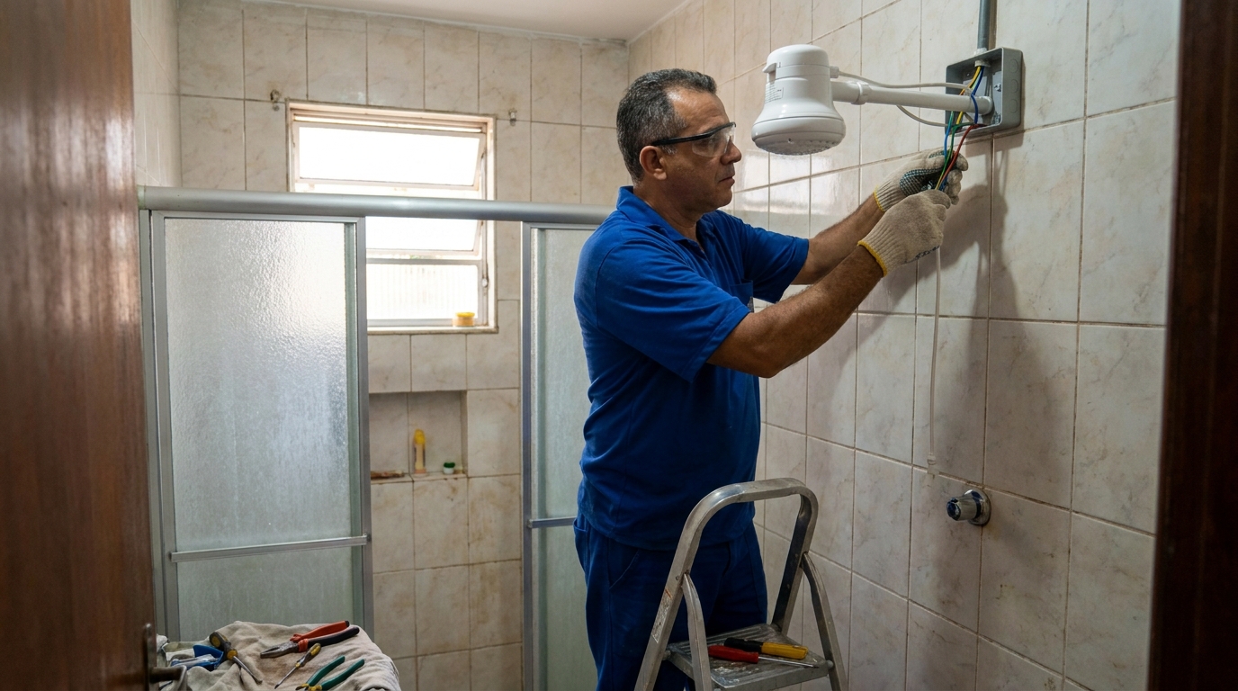 Eletricista instalando chuveiro eletrico em Salvador‑BA