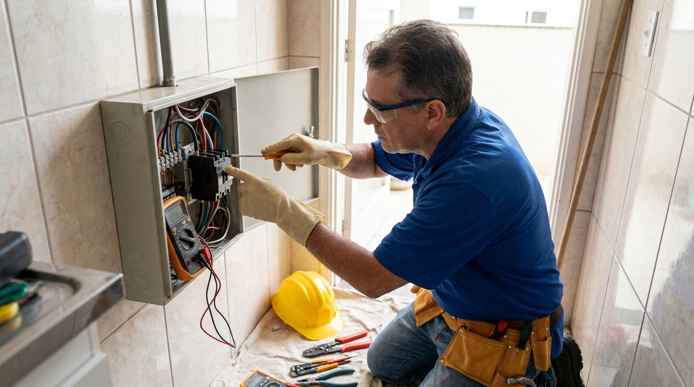 Eletricista instalando disjuntor em Salvador‑BA