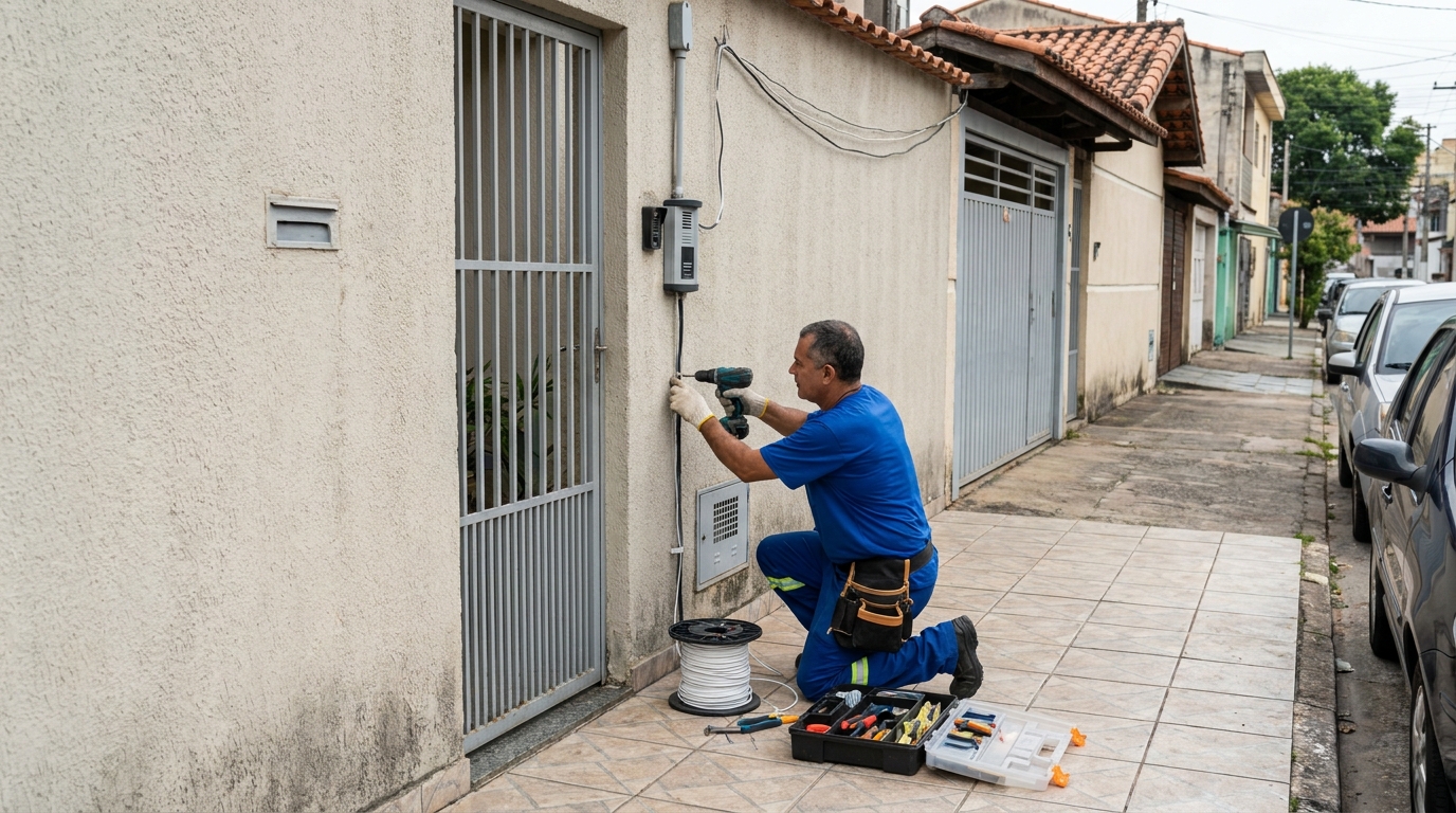Eletricista instalando interfone em Salvador‑BA