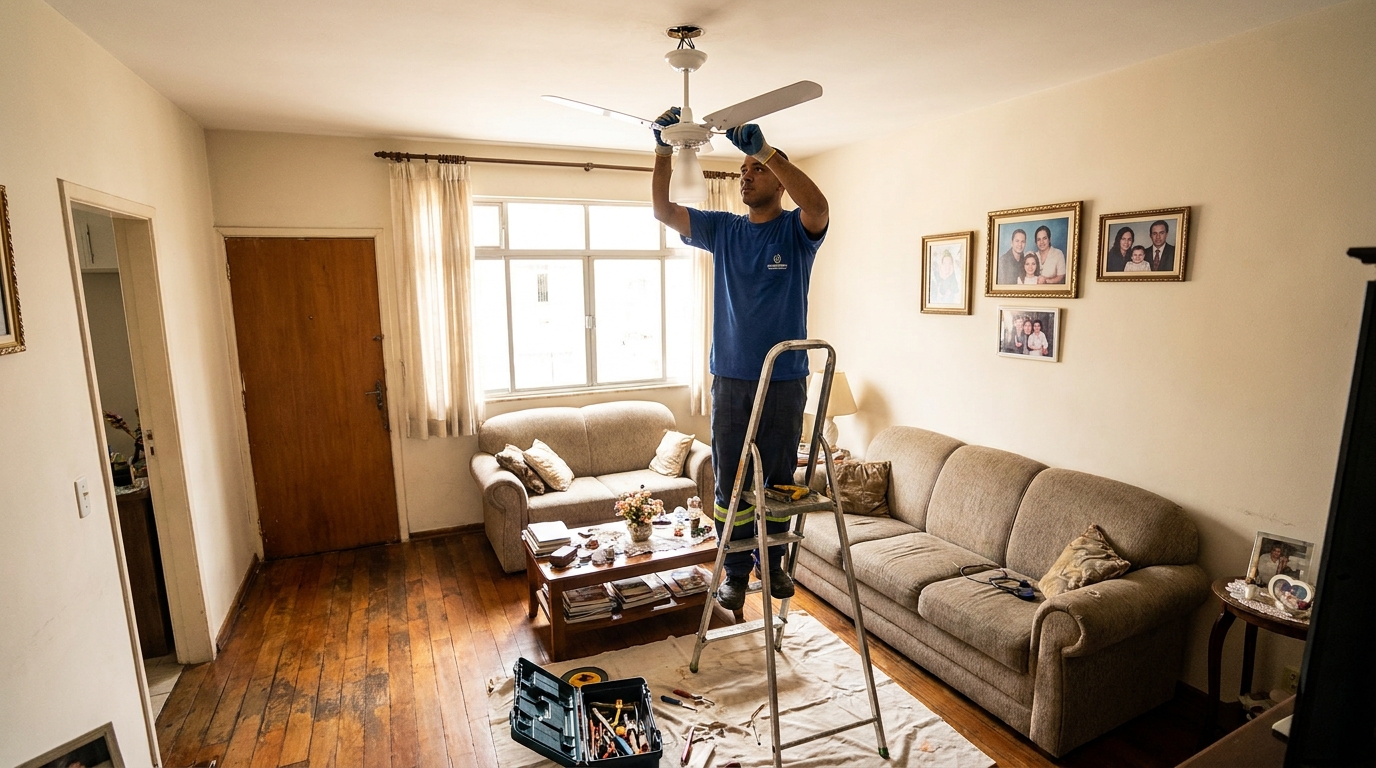 Eletricista instalando ventilador de teto em Salvador‑BA